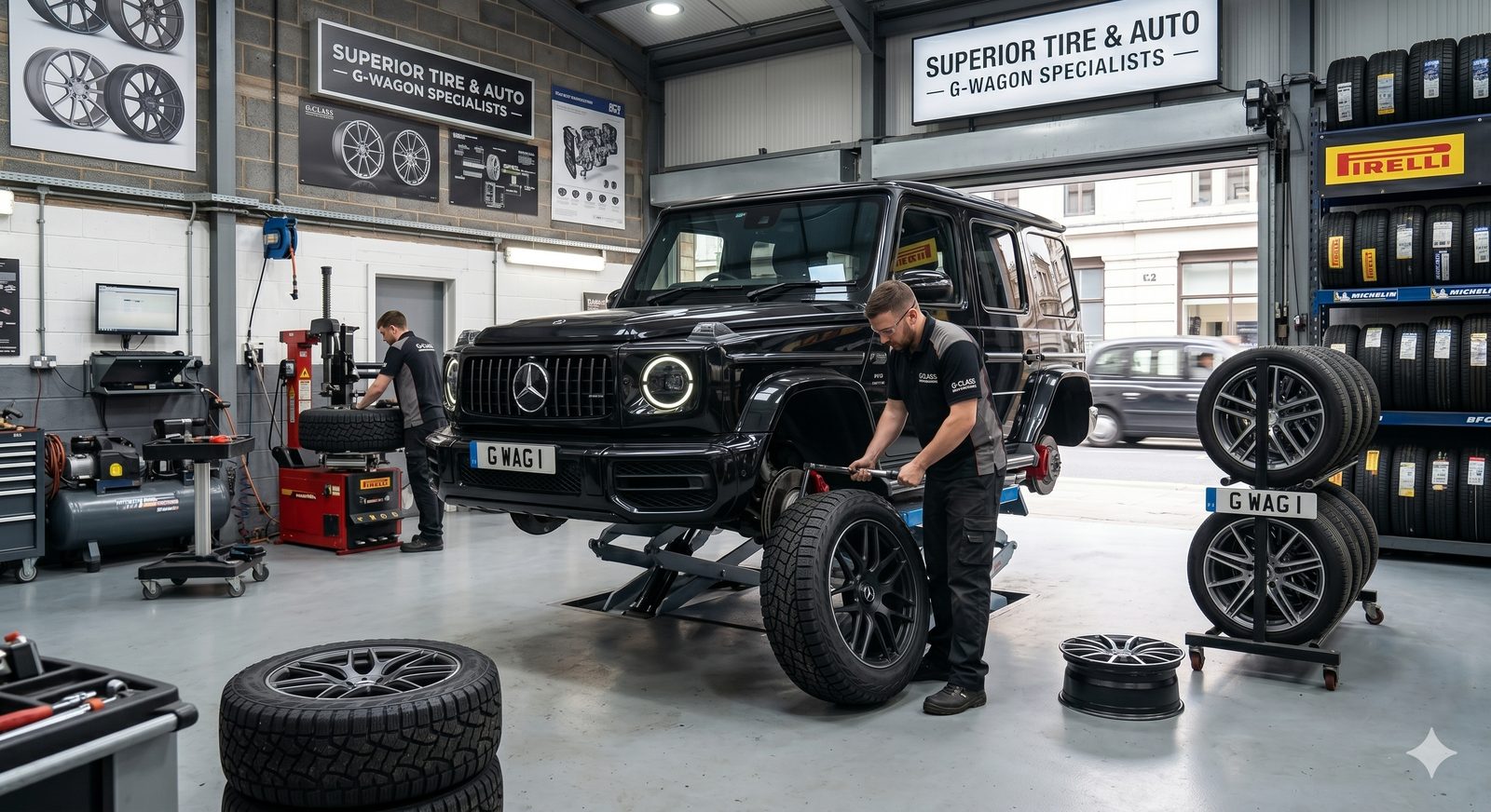 Mercedes-AMG G-Class 4×4 in the Surrey Tyres workshop